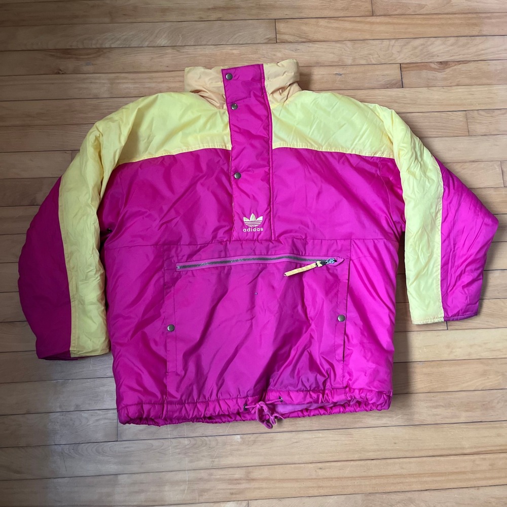 Vintage Adidas Trefoil Anorak Puffer Jacket Pink Yellow Colorblock XL 80s 90s